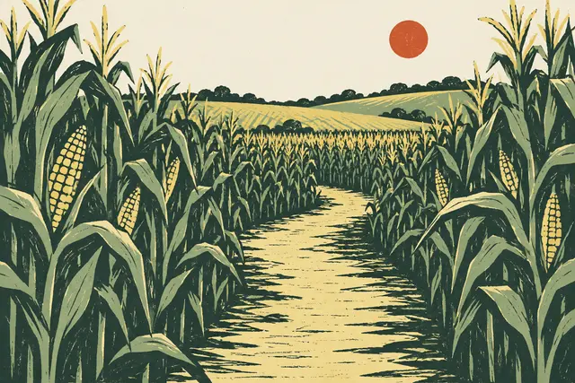 Original printed-style illustration of a path through maize; not a photograph of Dickey Farms.