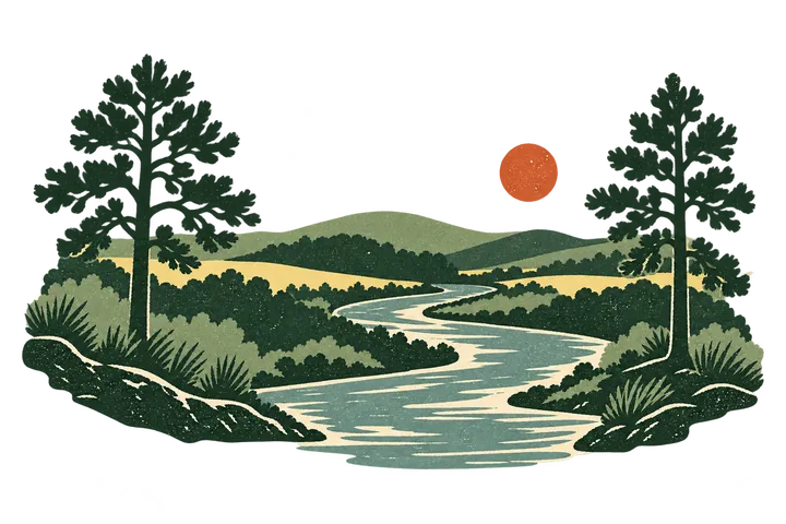Original printed-style illustration of a winding river and pines; not a photograph of the Oconee River Greenway.