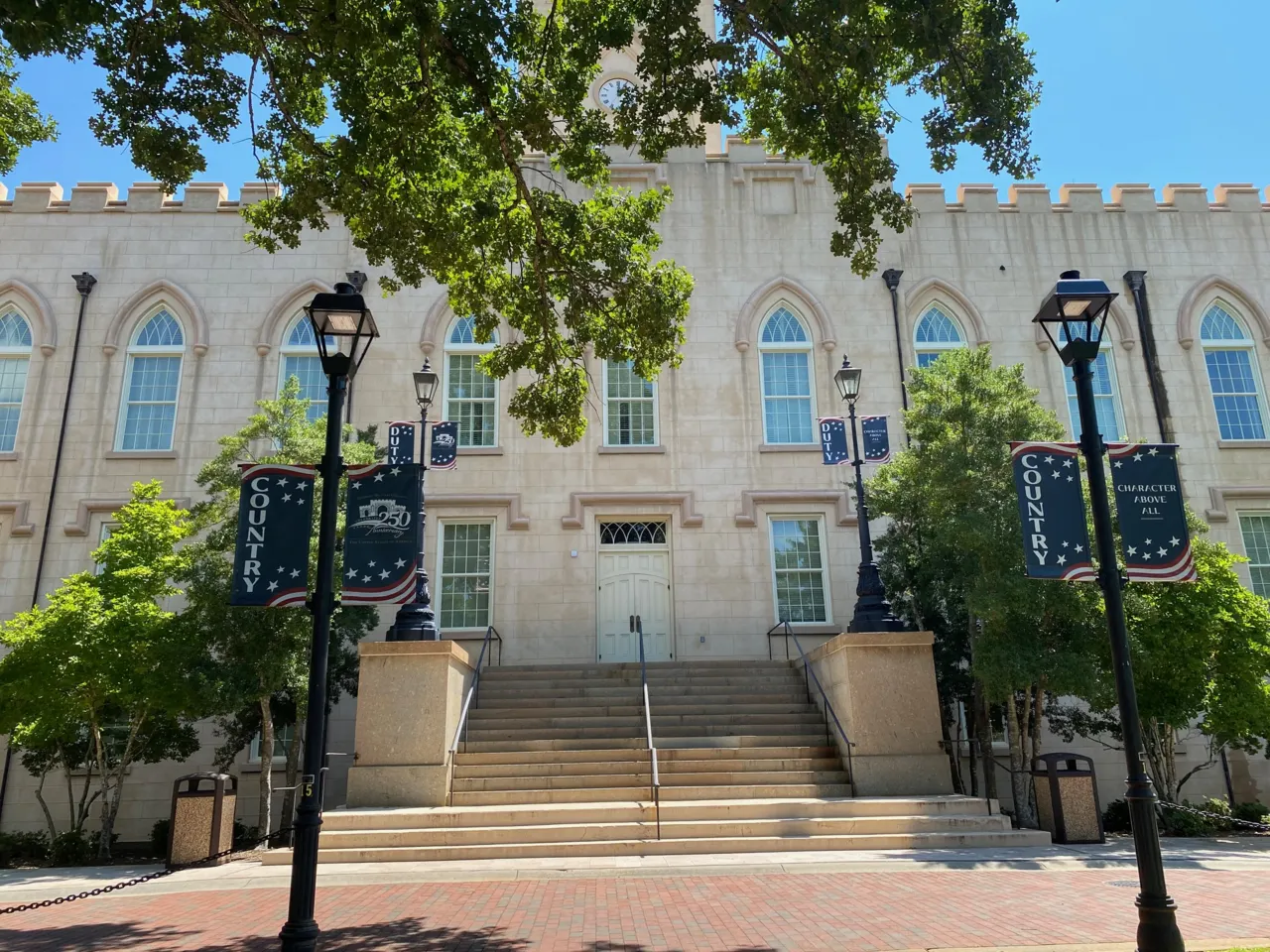 The stone facade and steps of Georgia’s Old State Capitol in Milledgeville.