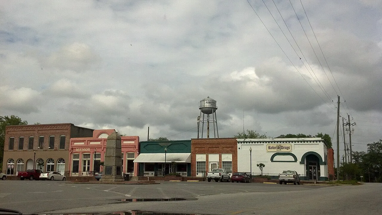 Downtown Roberta storefronts and the town water tower under an overcast sky.