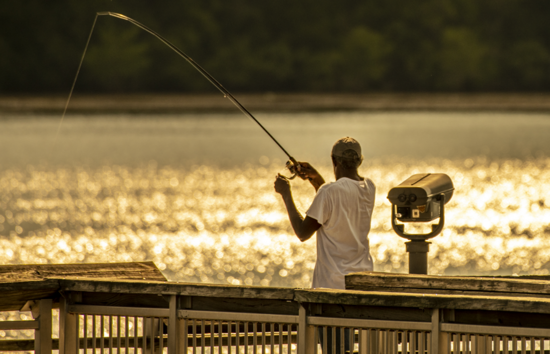 Angler fishing from the boardwalk at Little Ocmulgee State Park.
