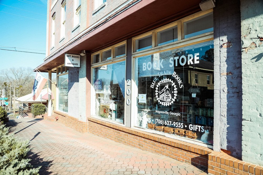 Blue Train Books storefront at 200 East Main Street in Hogansville.