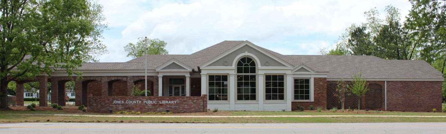 Jones County Public Library's brick exterior and signed entrance in Gray.
