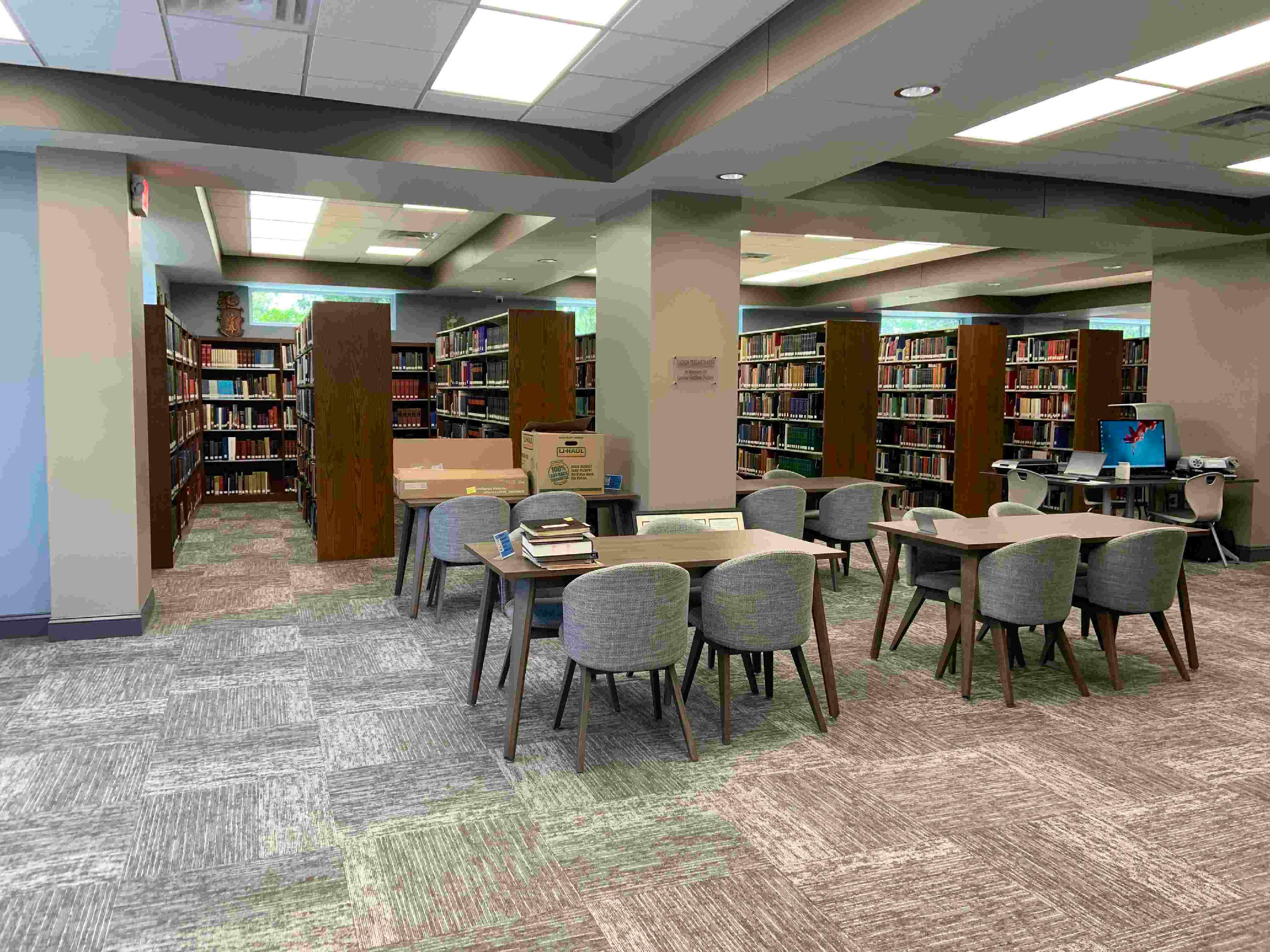 Research tables and genealogy bookshelves at Ladson Genealogical Library in Vidalia.