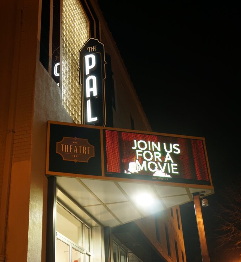 The illuminated PAL Theatre sign and entrance on Church Street in Vidalia.