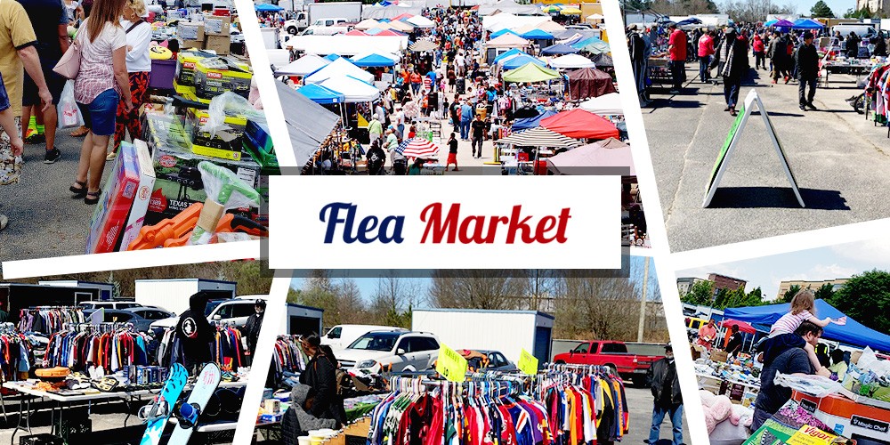 A collage of outdoor vendor rows, shoppers and merchandise at Peachtree Peddlers in McDonough.