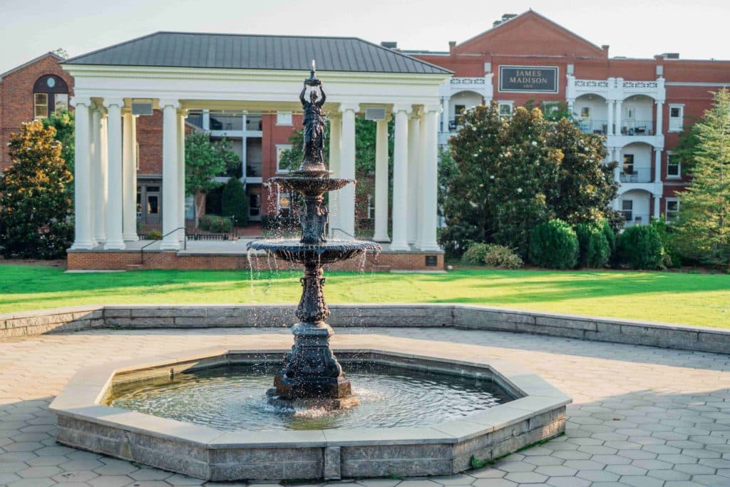 Cooke Fountain and the columned gazebo at Madison Town Park.