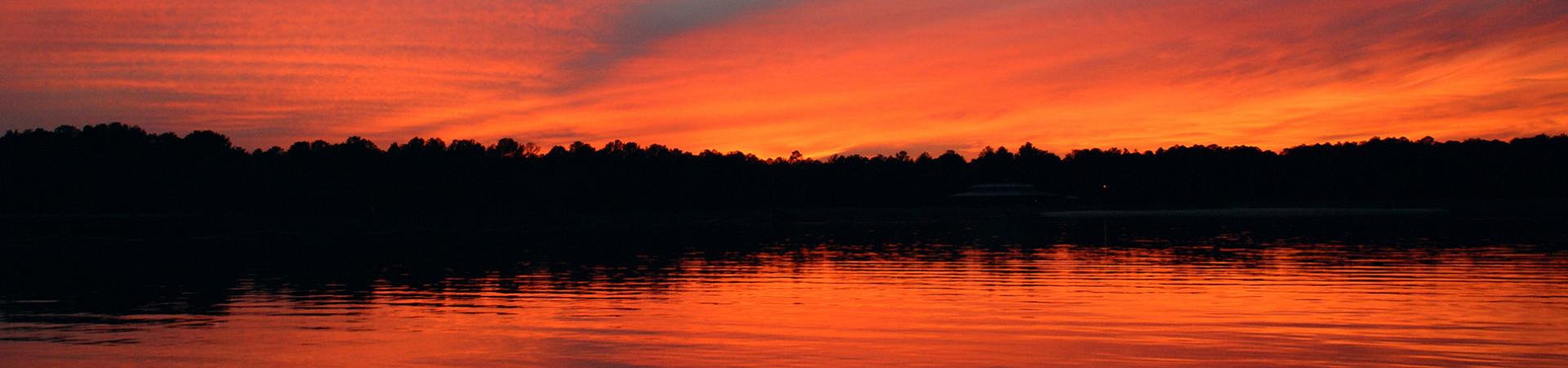 Orange sunset reflected across Reed Bingham State Park's lake behind a dark tree line.