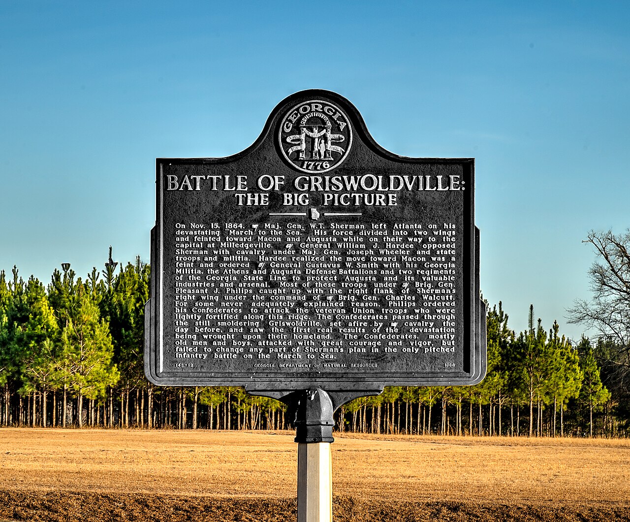 The Battle of Griswoldville interpretive panel at the rural battlefield site.
