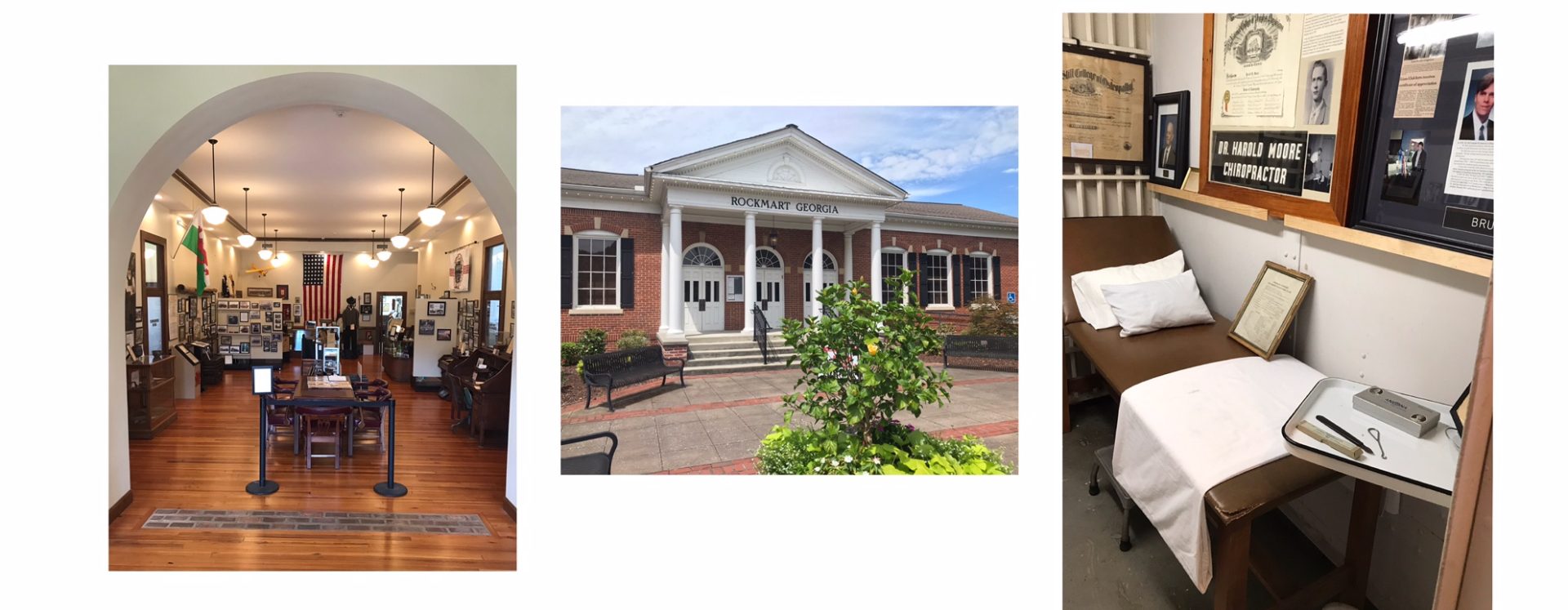Rockmart museum exhibits and the brick museum facade arranged in a photographic collage.