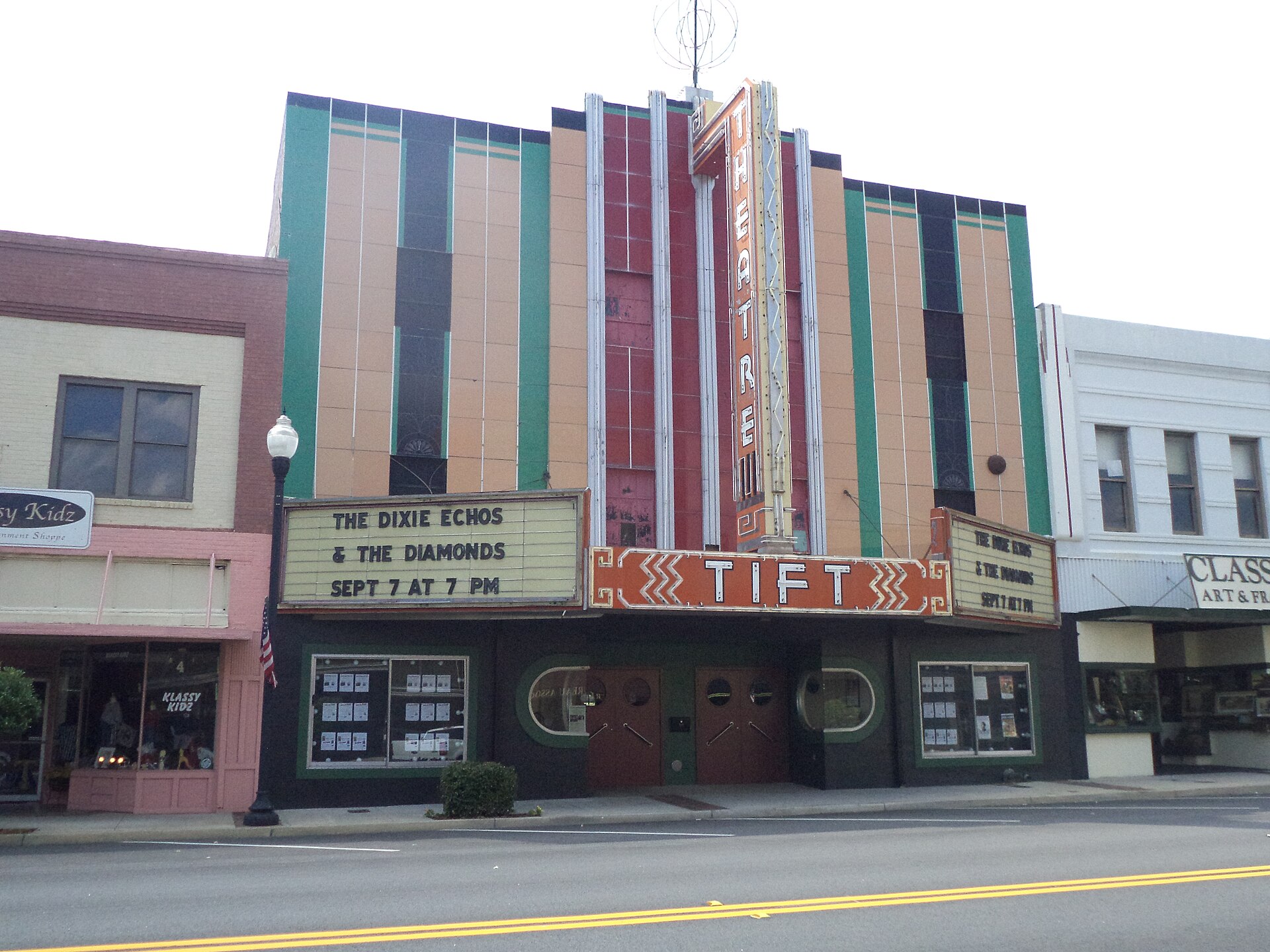 The restored Art Deco facade and marquee of the Tift Theatre in downtown Tifton.
