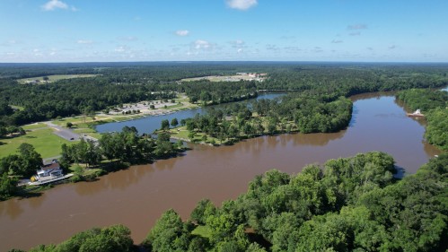Aerial view of Earle May Boat Basin beside the Flint River in Bainbridge.