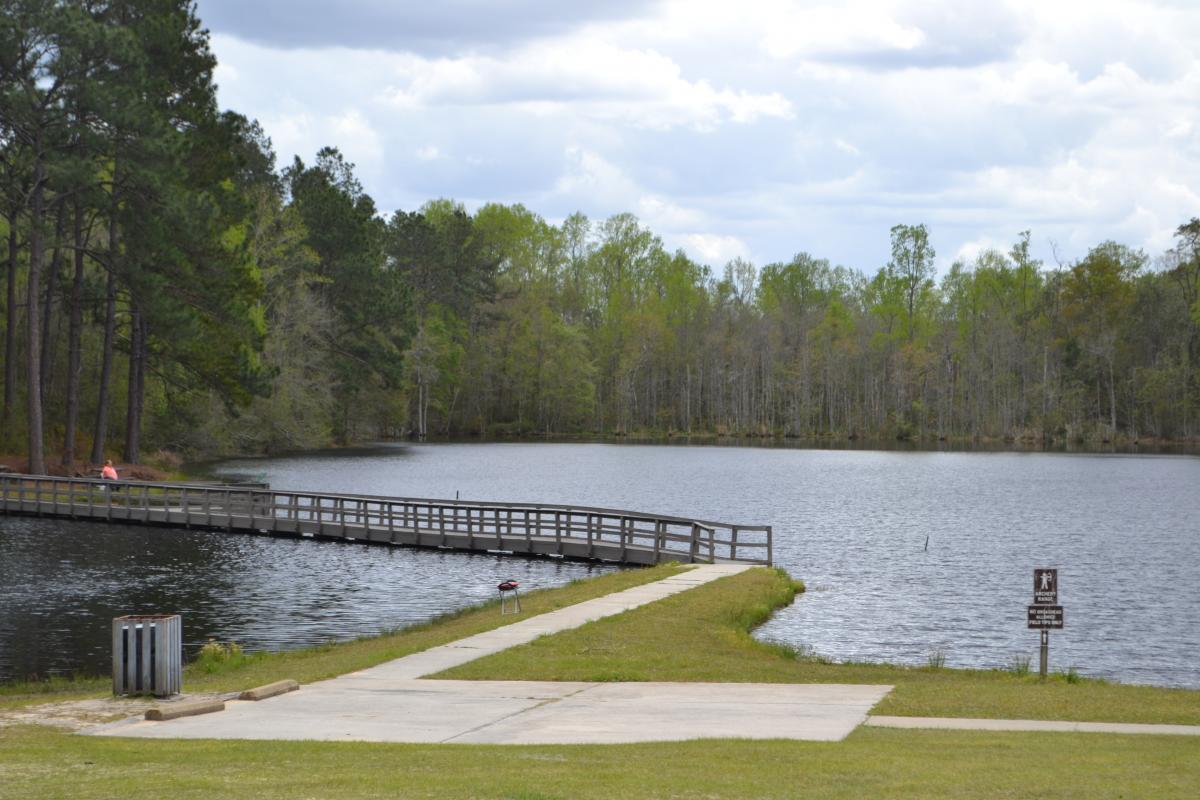 A fishing boardwalk and lake at Evans County Public Fishing Area.