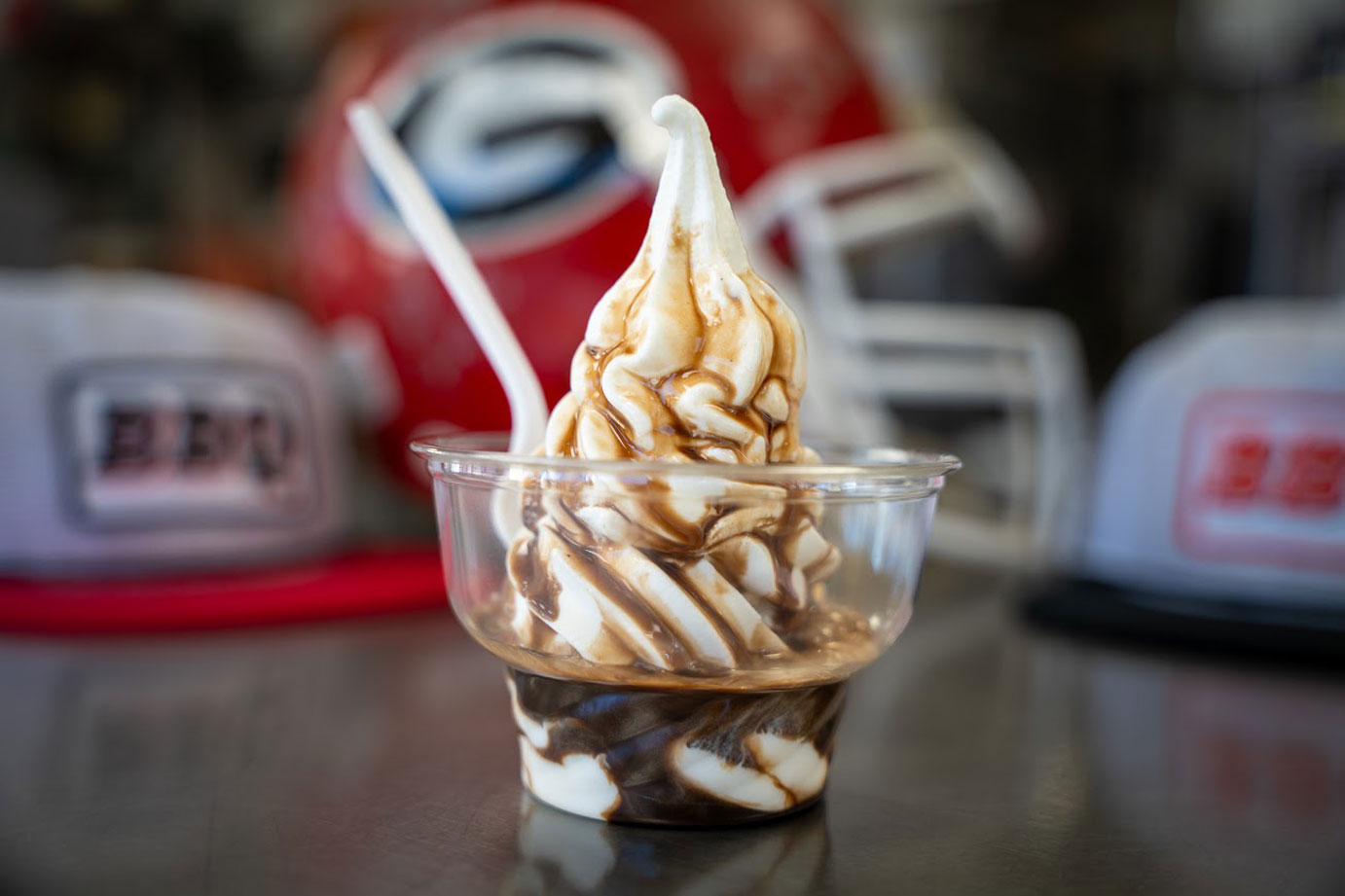 A chocolate-swirled soft-serve dessert photographed at The Dairy Lane in Sandersville.