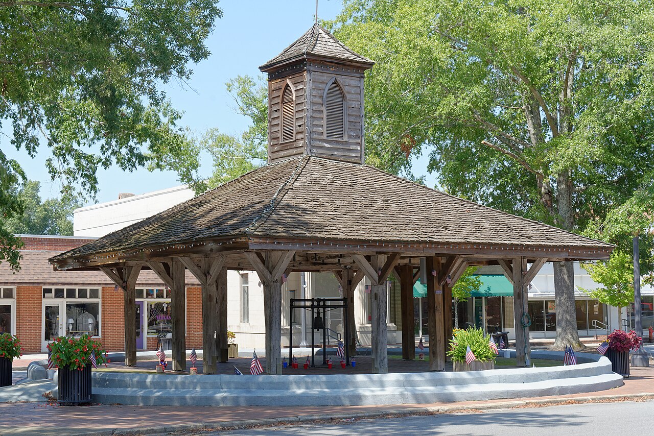 The wooden open-air Old Market House in downtown Louisville, Georgia.