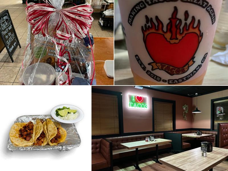 A customer photo collage showing I Heart Tacos food, branding and the Eastman dining room.