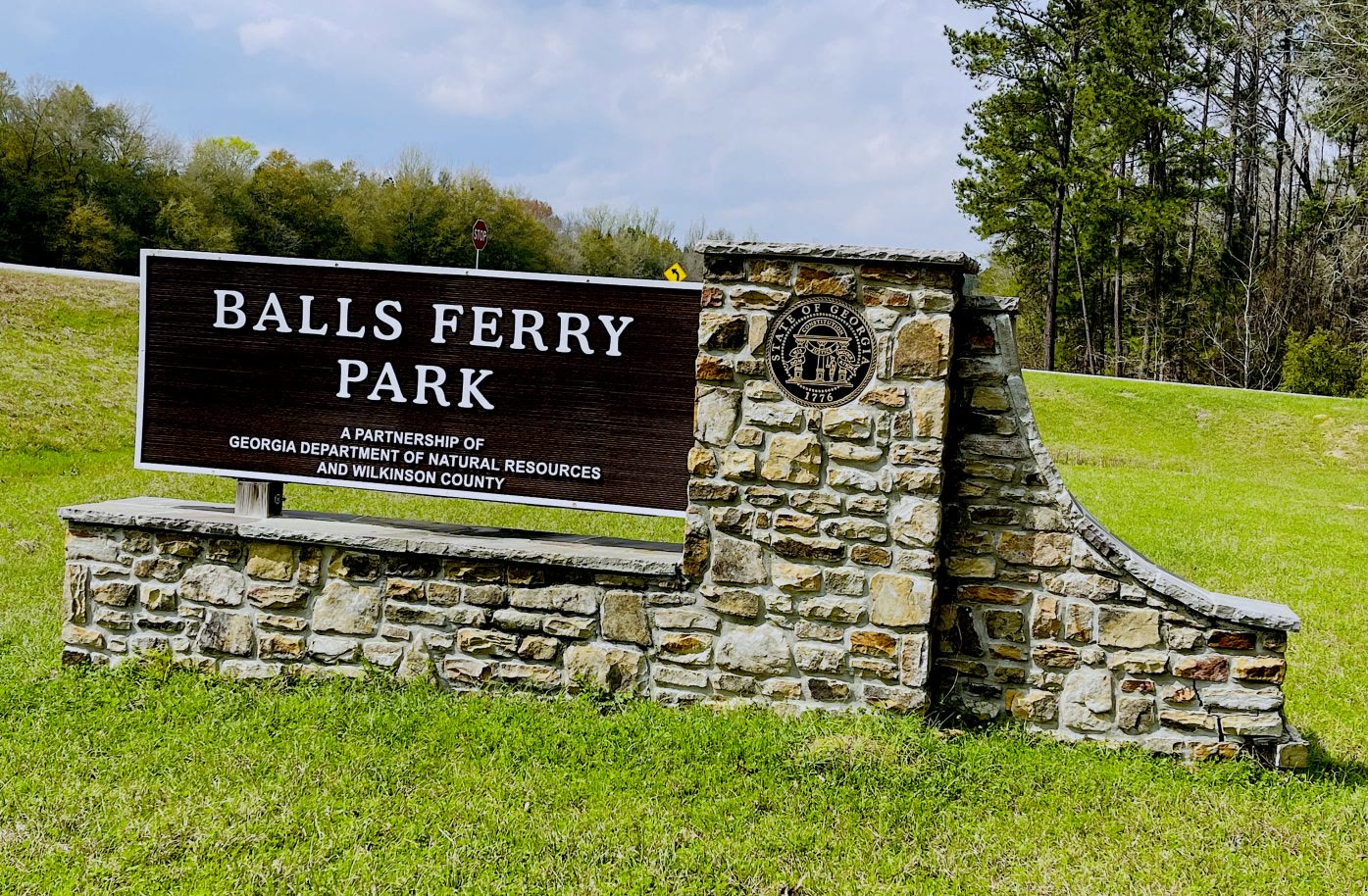 Stone entrance sign for Ball's Ferry Park in Wilkinson County.