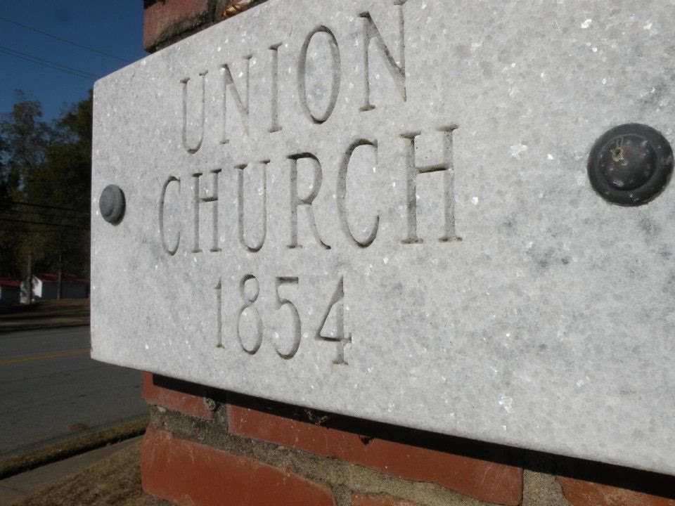 Stone marker reading Union Church 1854 at Historic Union Church in Irwinton.
