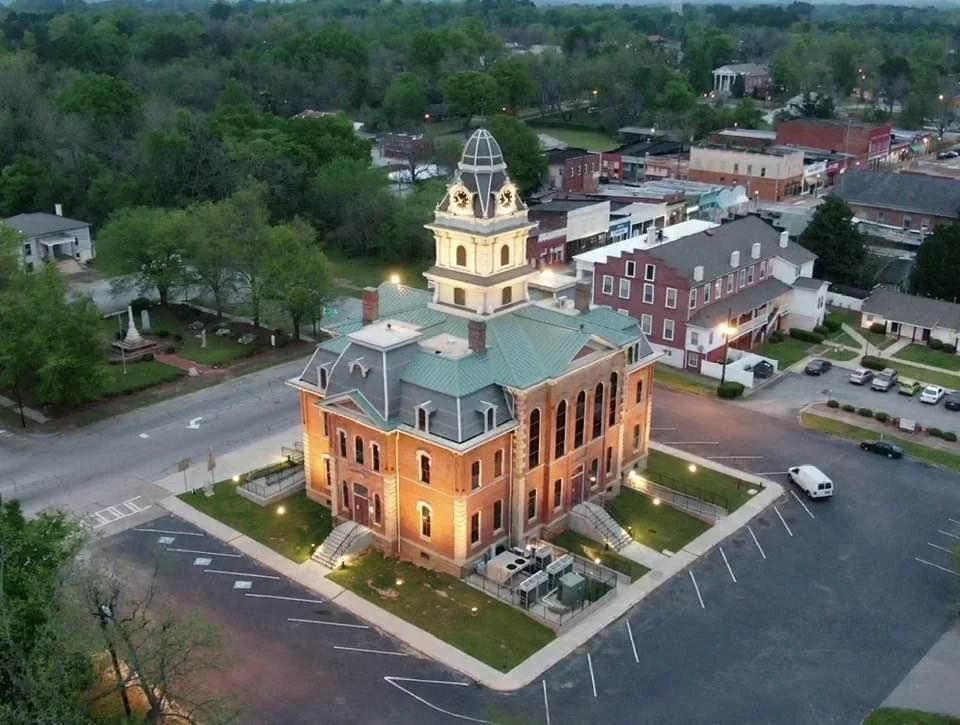 Aerial view of Hancock County Courthouse and surrounding streets in Sparta.
