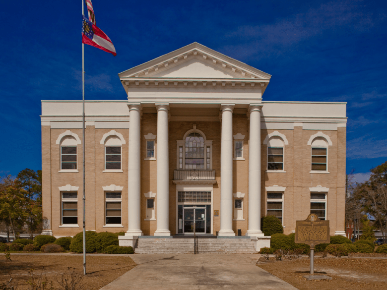 Dodge County Courthouse exterior and historical marker pictured with the Eastman Driving Tour