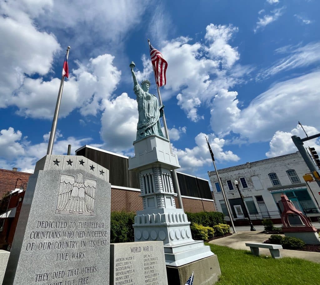 McRae-Helena Statue of Liberty replica, Telfair County war memorial and bell in Liberty Square
